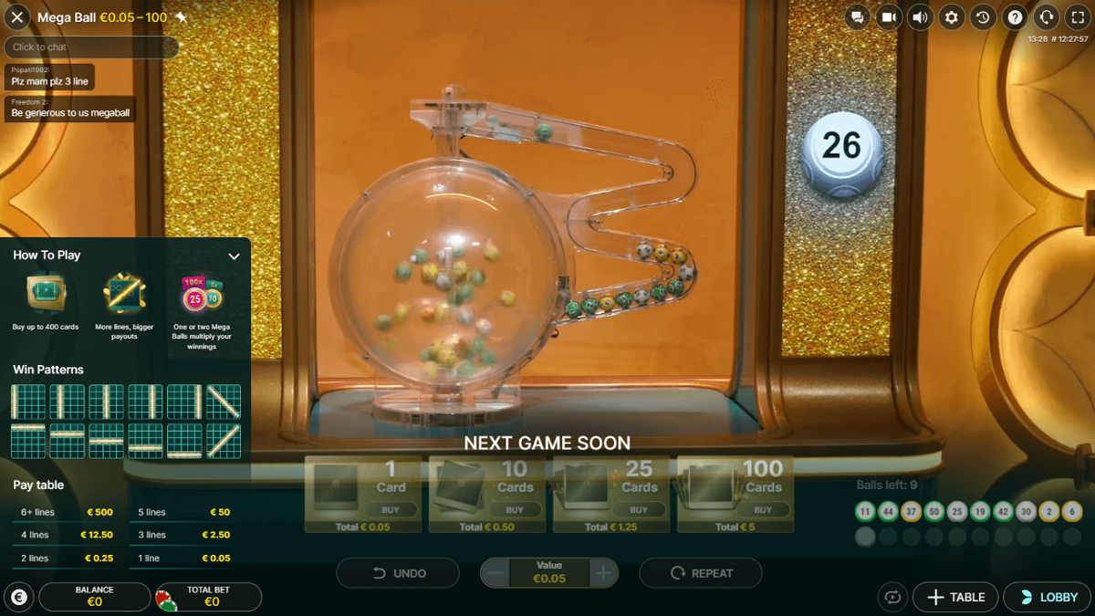 Live bingo game interface